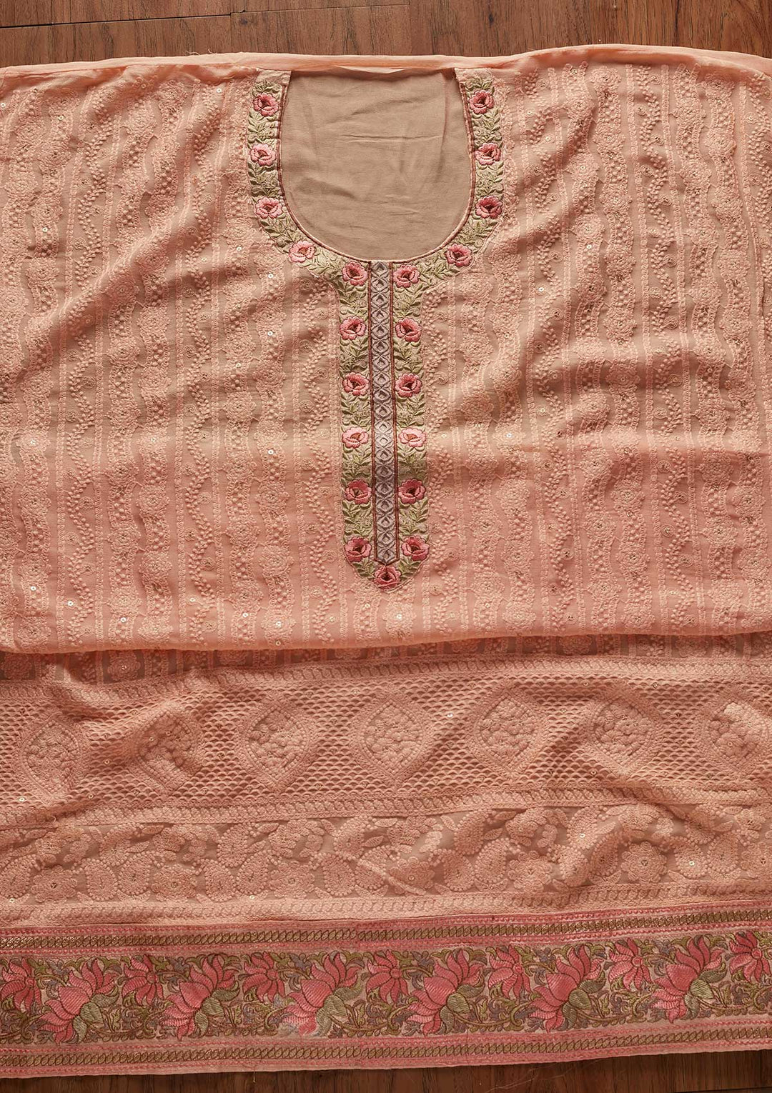 Peach Chikankari Georgette Designer Unstitched Salwar Suit - koskii