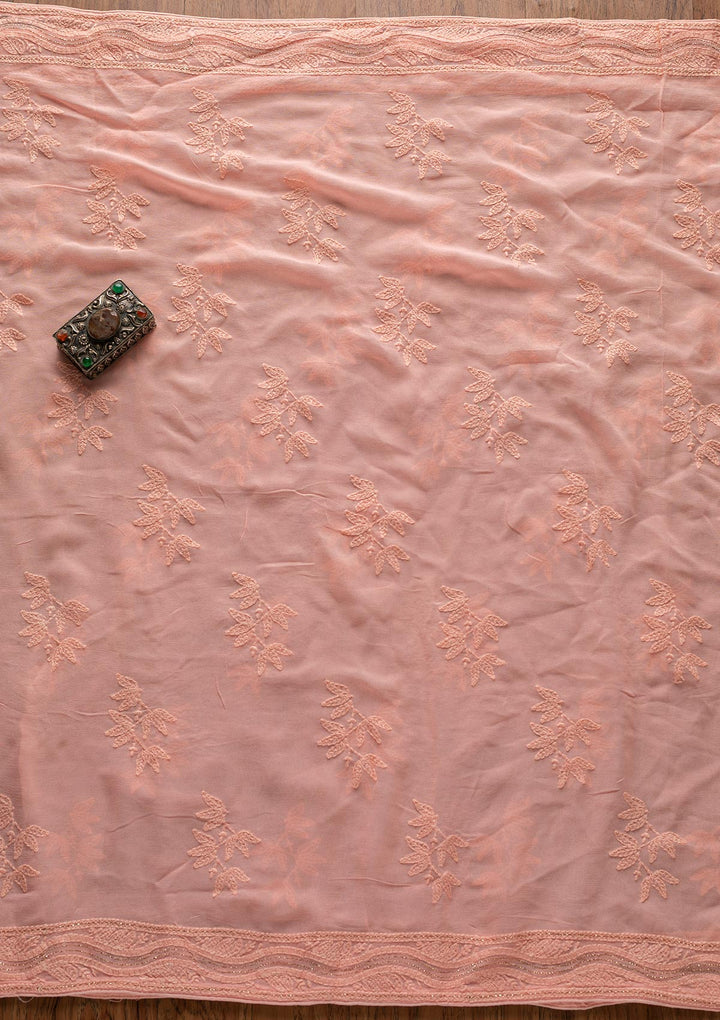 Peach Chikankari Georgette Designer Unstitched Salwar Suit - koskii