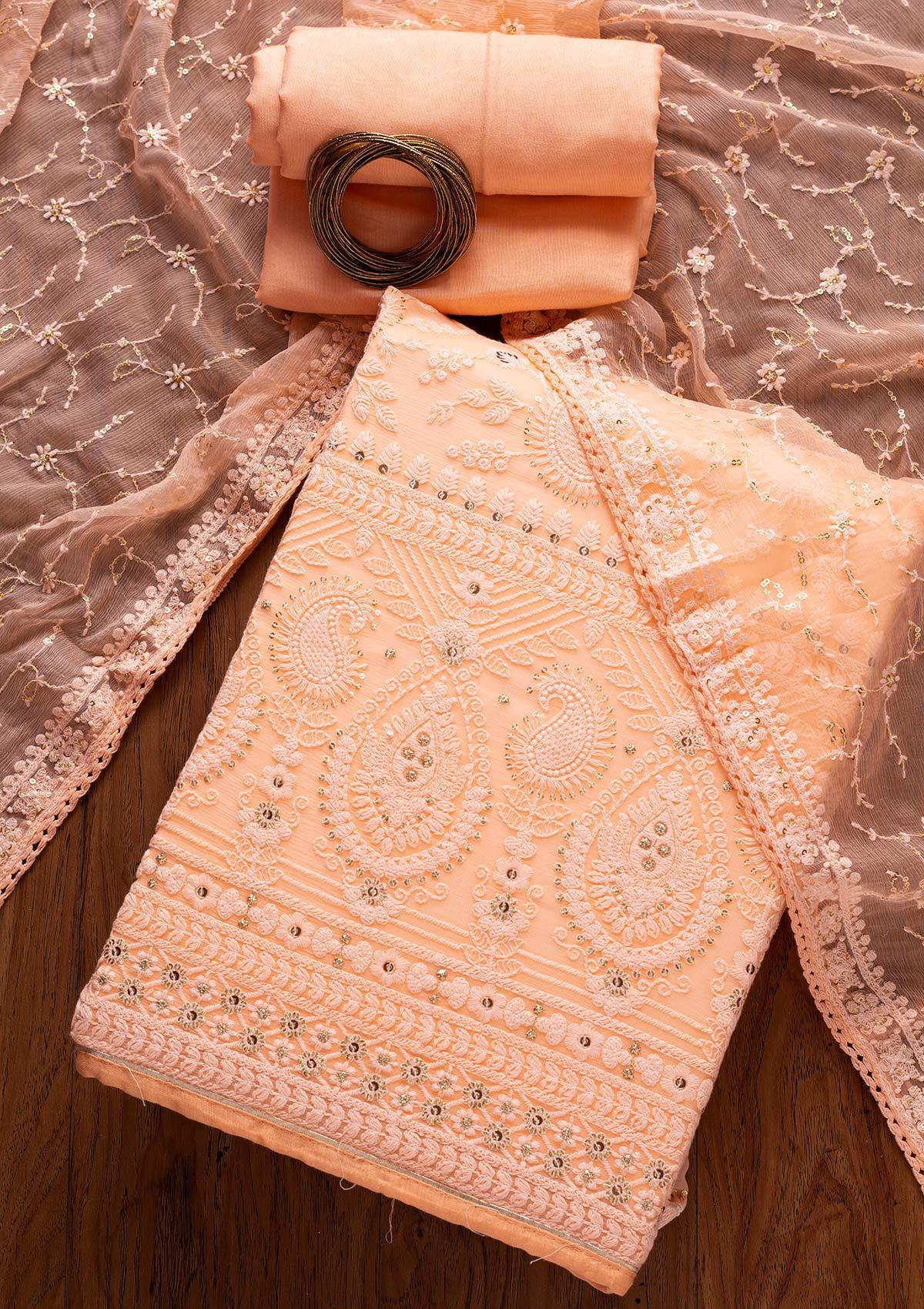 Peach Chikankari Georgette Designer Unstitched Salwar Suit - koskii