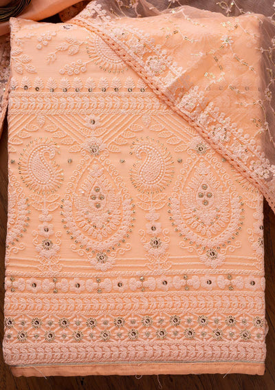 Peach Chikankari Georgette Designer Unstitched Salwar Suit - koskii