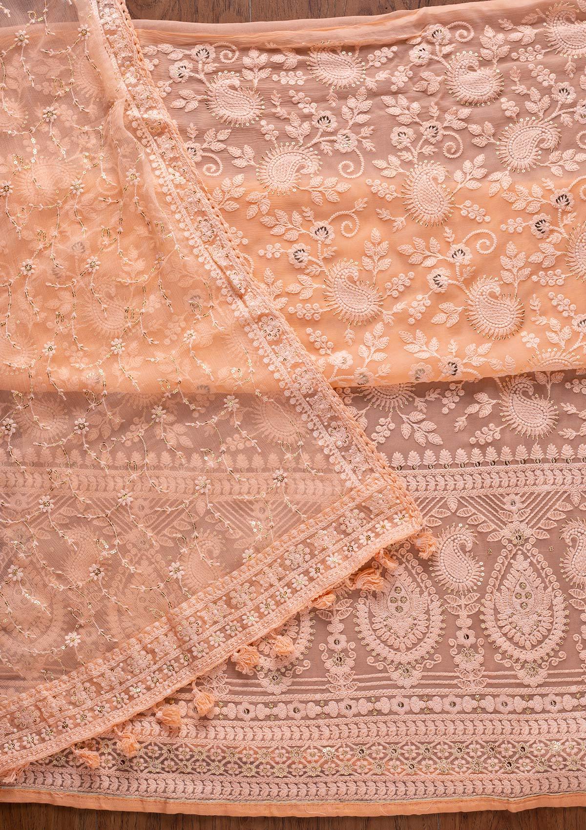 Peach Chikankari Georgette Designer Unstitched Salwar Suit - koskii