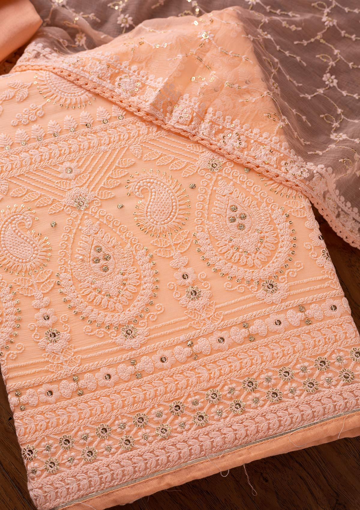 Peach Chikankari Georgette Designer Unstitched Salwar Suit - koskii