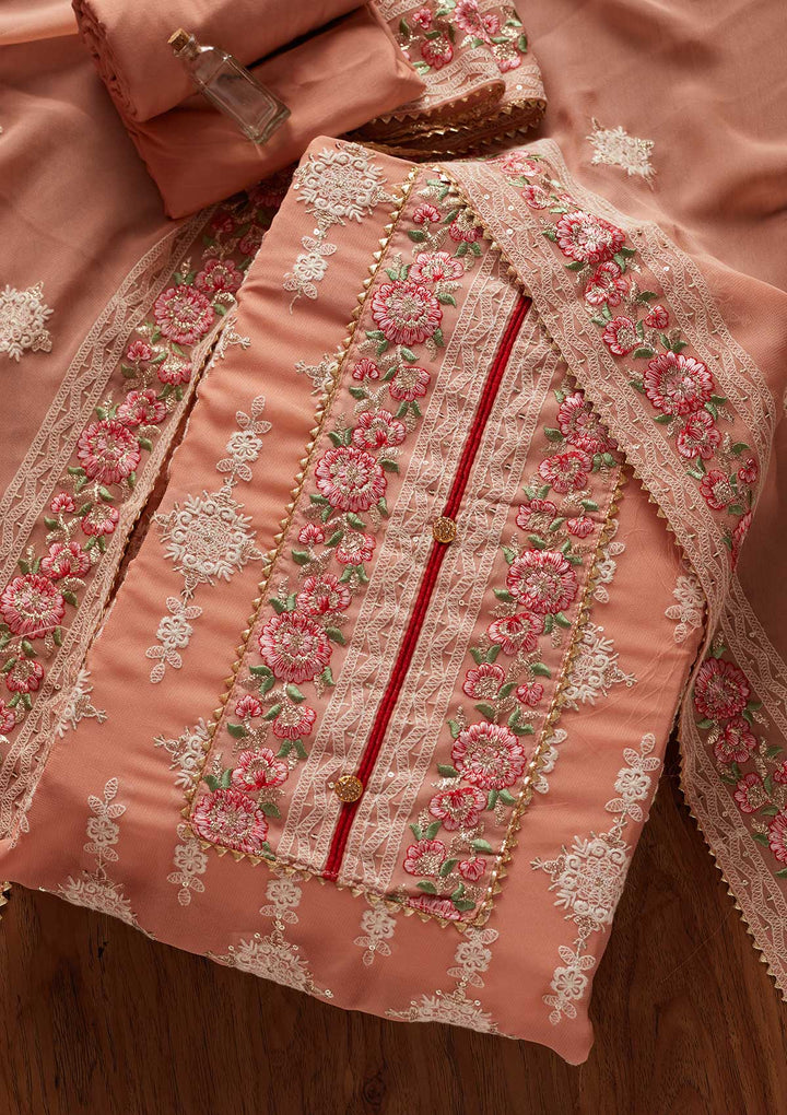 Peach Chikankari Georgette Designer Unstitched Salwar Suit - koskii