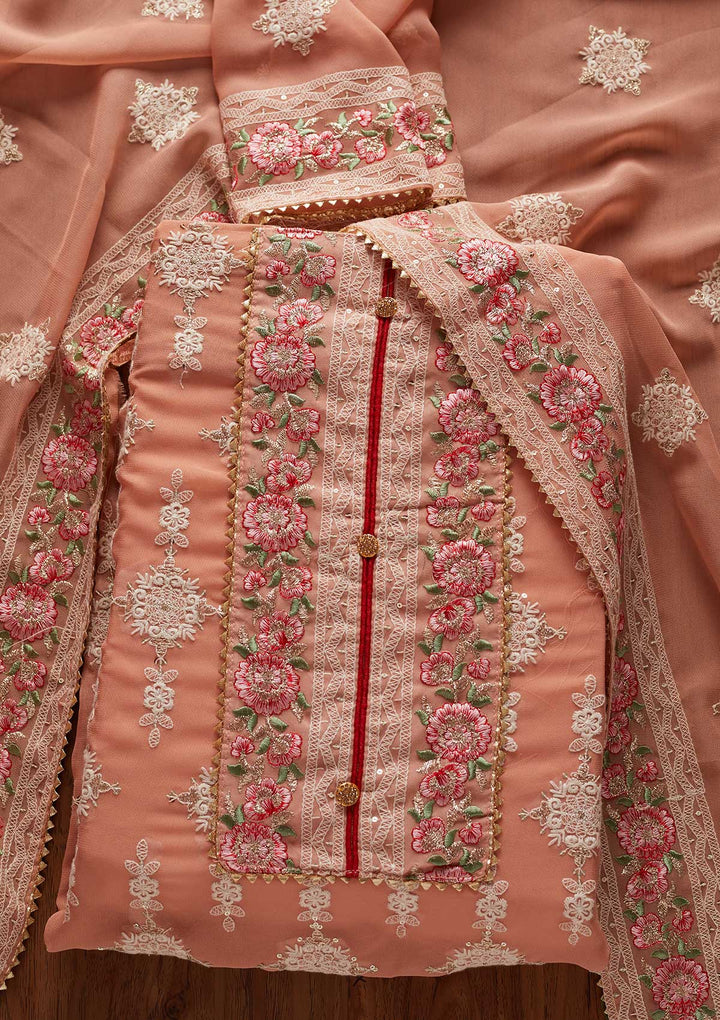 Peach Chikankari Georgette Designer Unstitched Salwar Suit - koskii