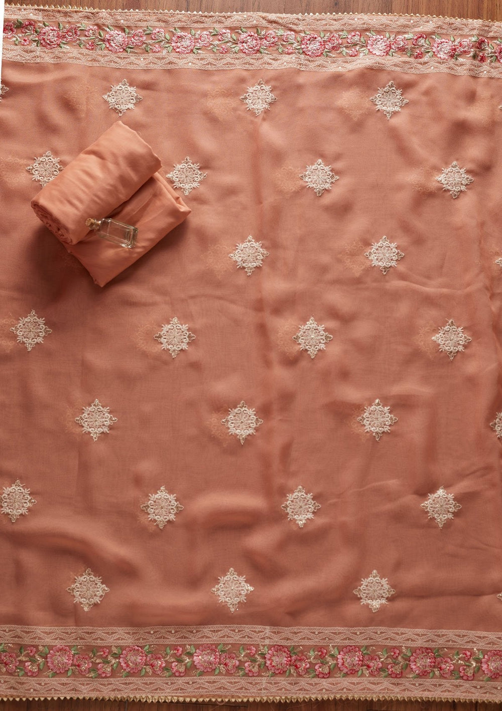 Peach Chikankari Georgette Designer Unstitched Salwar Suit - koskii