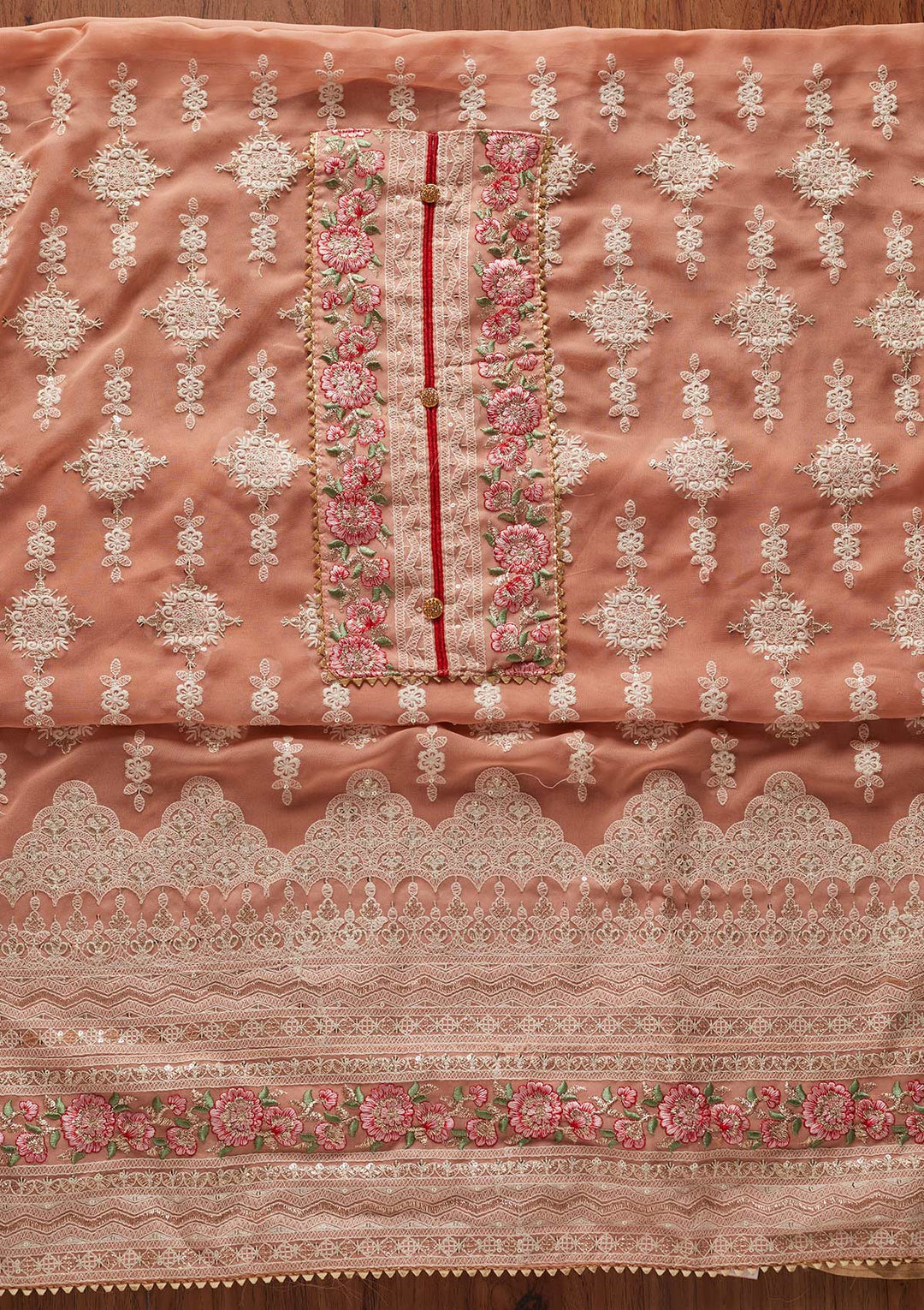 Peach Chikankari Georgette Designer Unstitched Salwar Suit - koskii