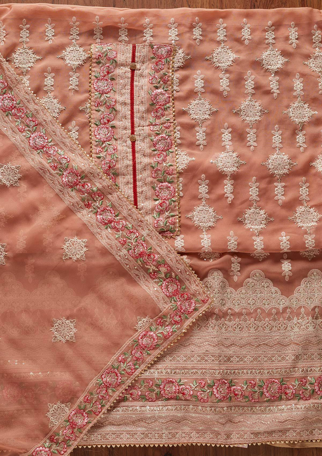 Peach Chikankari Georgette Designer Unstitched Salwar Suit - koskii