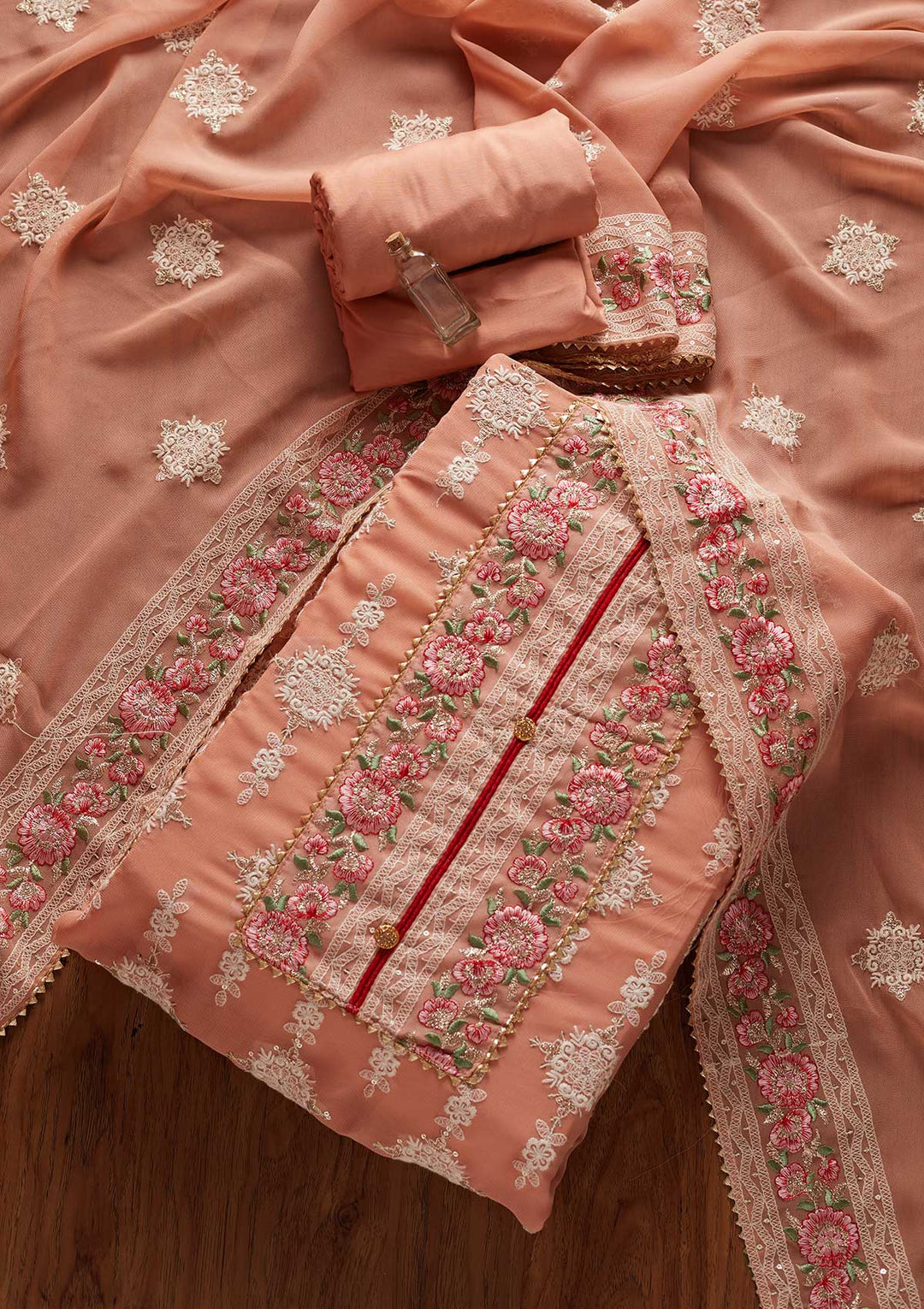 Peach Chikankari Georgette Designer Unstitched Salwar Suit - koskii