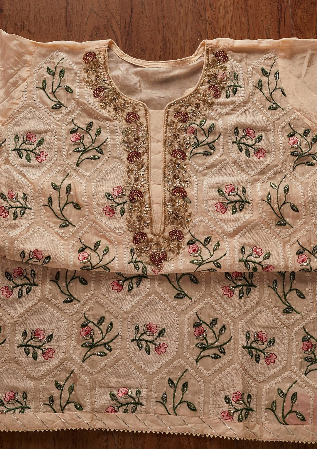 Peach Chikankari Semi Crepe Designer Semi-Stitched Salwar Suit - koskii