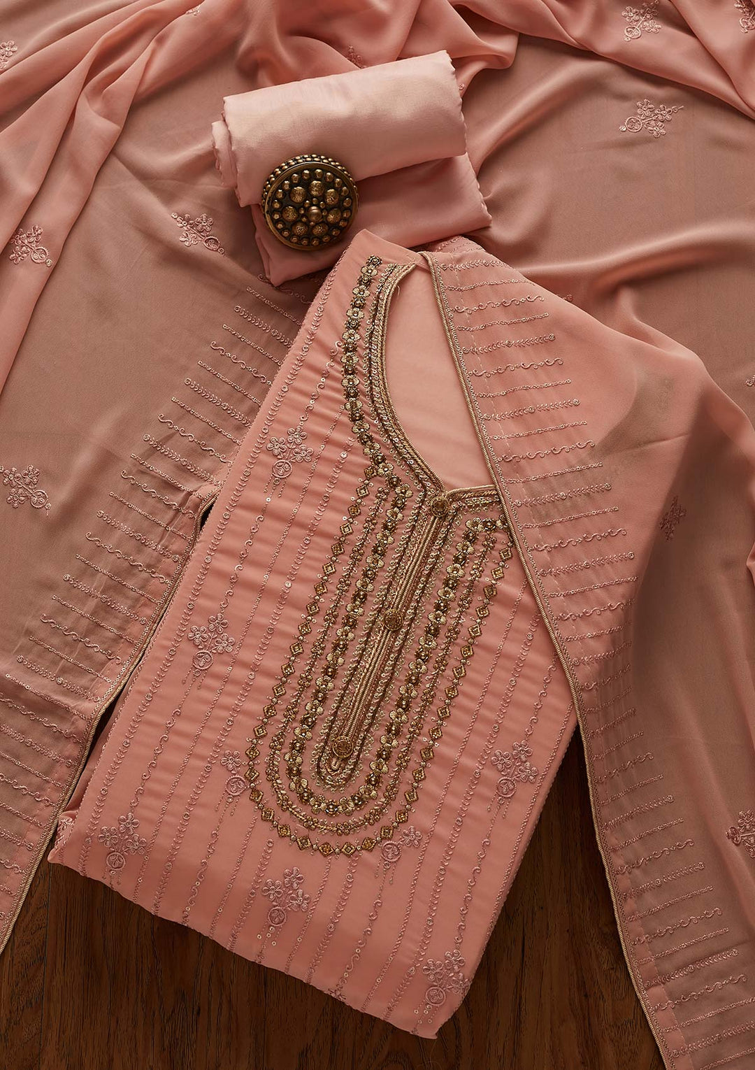 Peach Cutdana Georgette Designer Semi-Stitched Salwar Suit - Koskii