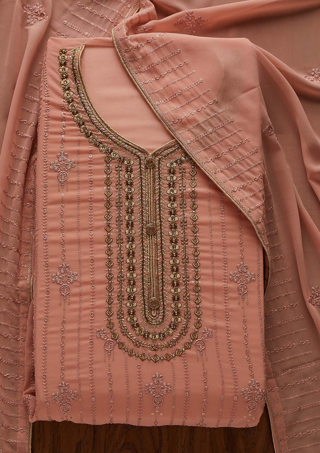 Peach Cutdana Georgette Designer Semi-Stitched Salwar Suit - Koskii