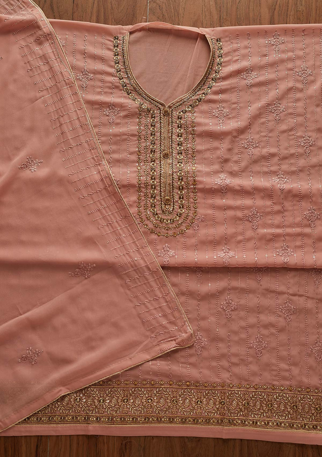 Peach Cutdana Georgette Designer Semi-Stitched Salwar Suit - Koskii