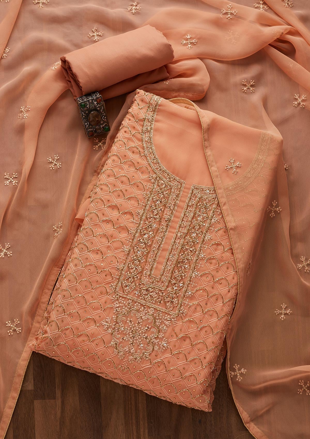 Peach Cutdana Georgette Designer Unstitched Salwar Suit - Koskii
