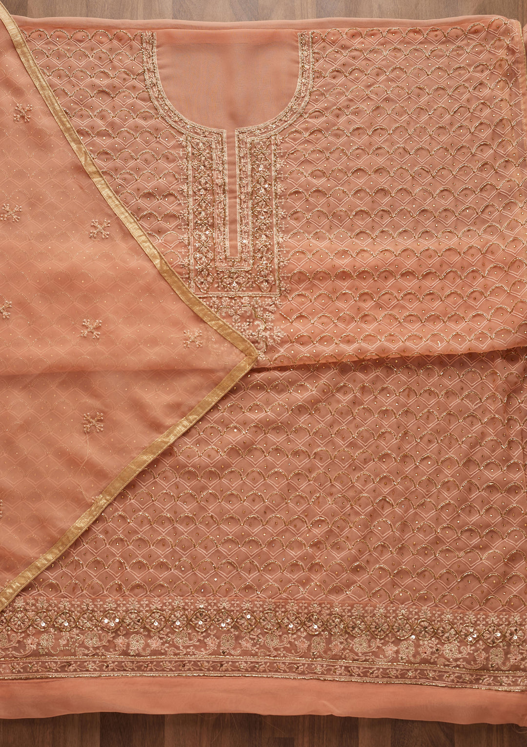 Peach Cutdana Georgette Designer Unstitched Salwar Suit - Koskii