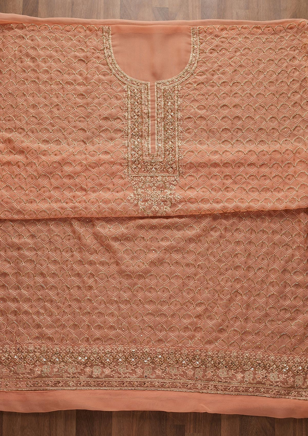 Peach Cutdana Georgette Designer Unstitched Salwar Suit - Koskii