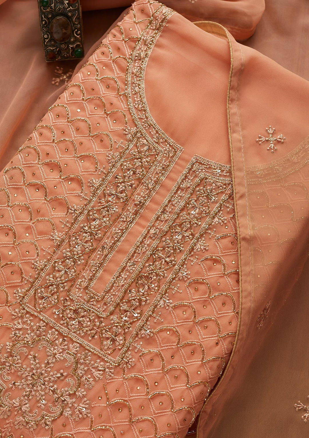 Peach Cutdana Georgette Designer Unstitched Salwar Suit - Koskii