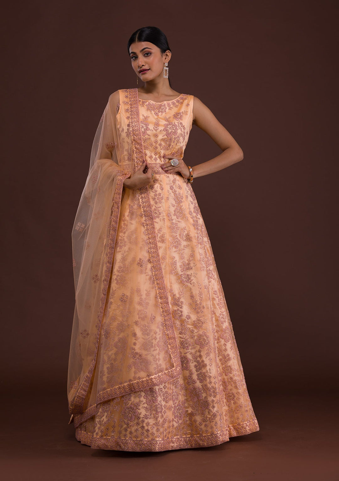 Peach Cutdana Net Designer Gown-Koskii