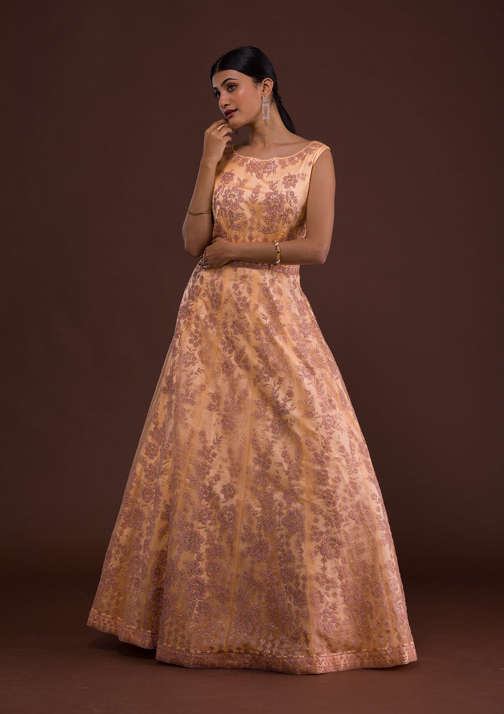 Peach Cutdana Net Designer Gown-Koskii