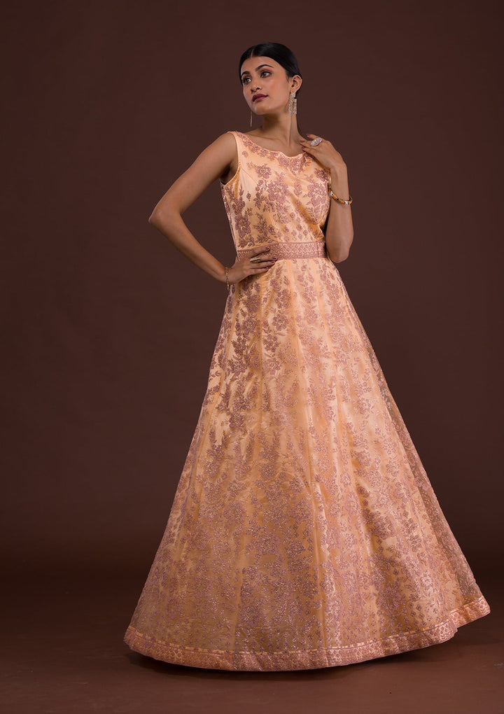 Peach Cutdana Net Designer Gown-Koskii