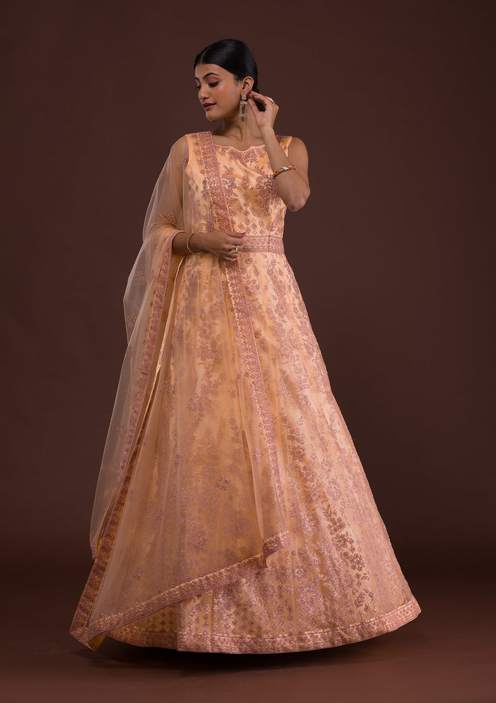 Peach Cutdana Net Designer Gown-Koskii