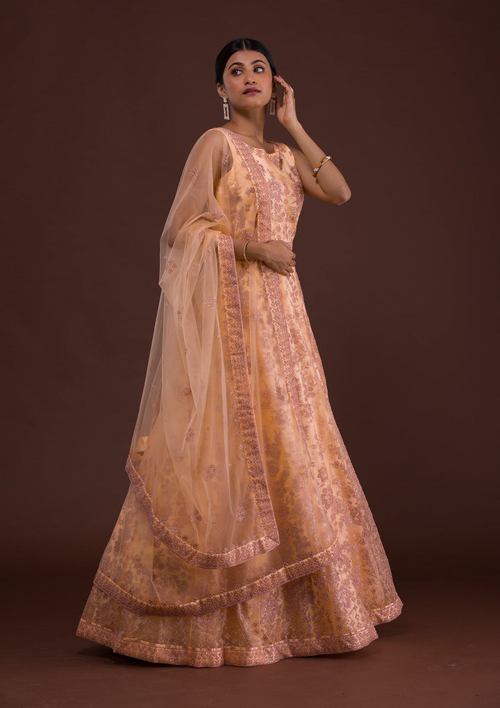 Peach Cutdana Net Designer Gown-Koskii