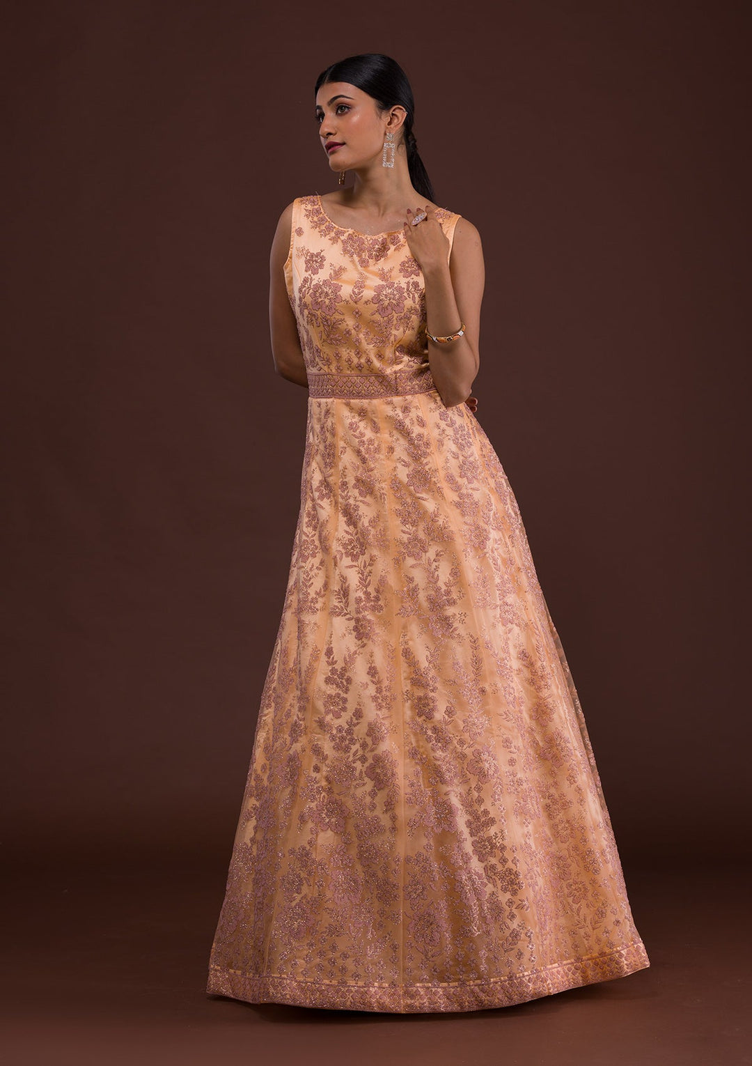 Peach Cutdana Net Designer Gown-Koskii