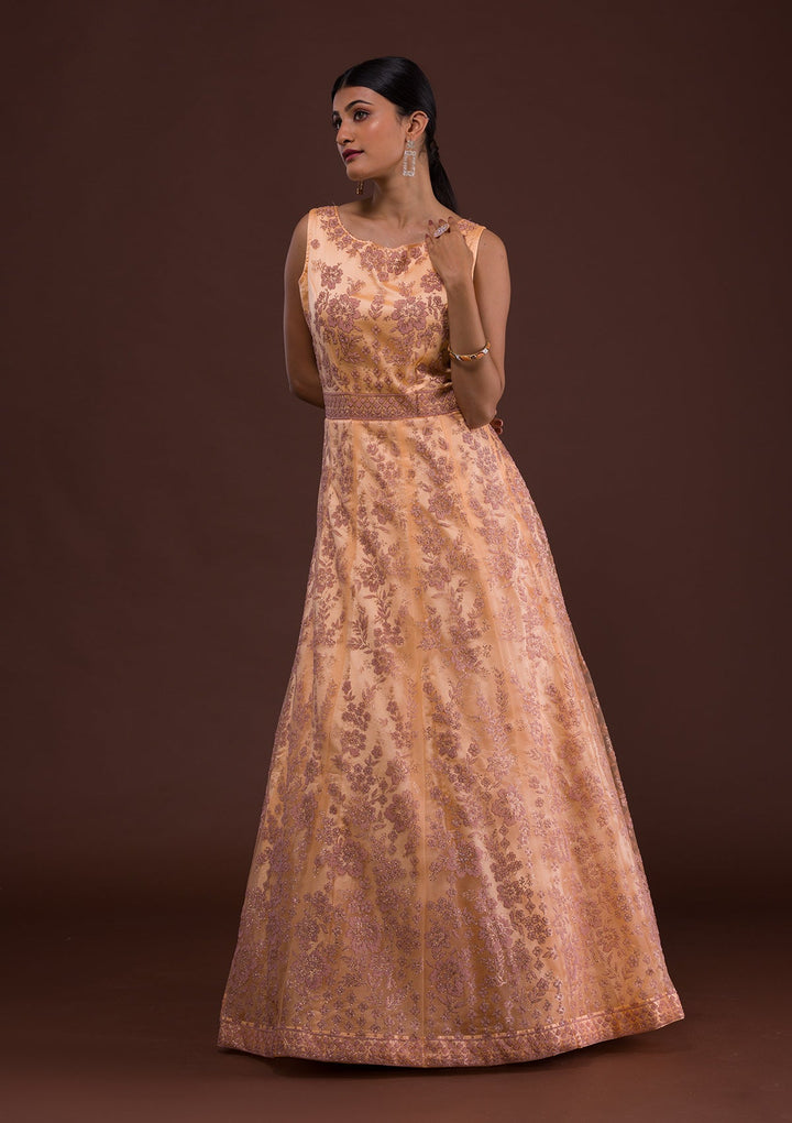 Peach Cutdana Net Designer Gown-Koskii
