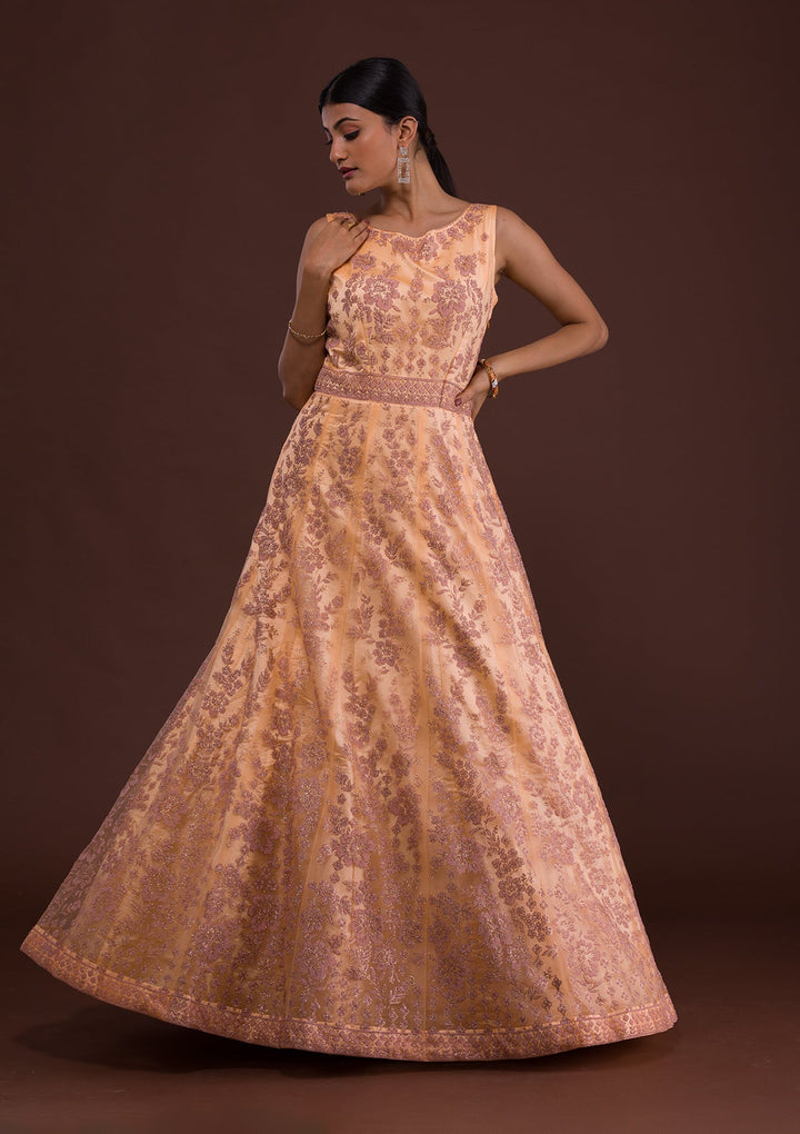 Peach Cutdana Net Designer Gown-Koskii