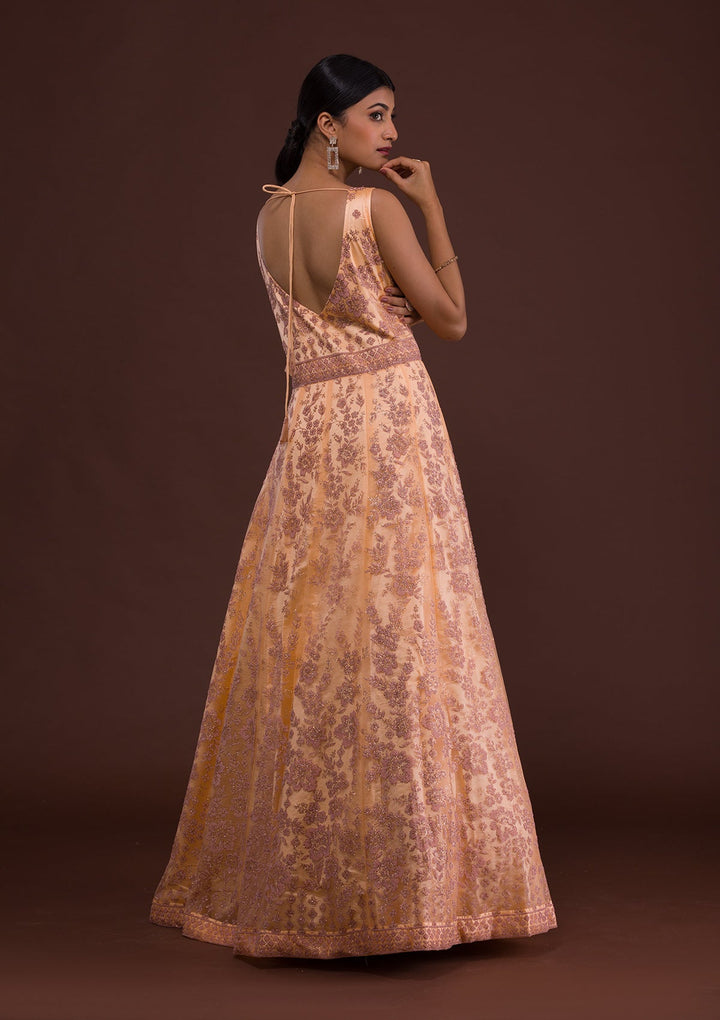 Peach Cutdana Net Designer Gown-Koskii
