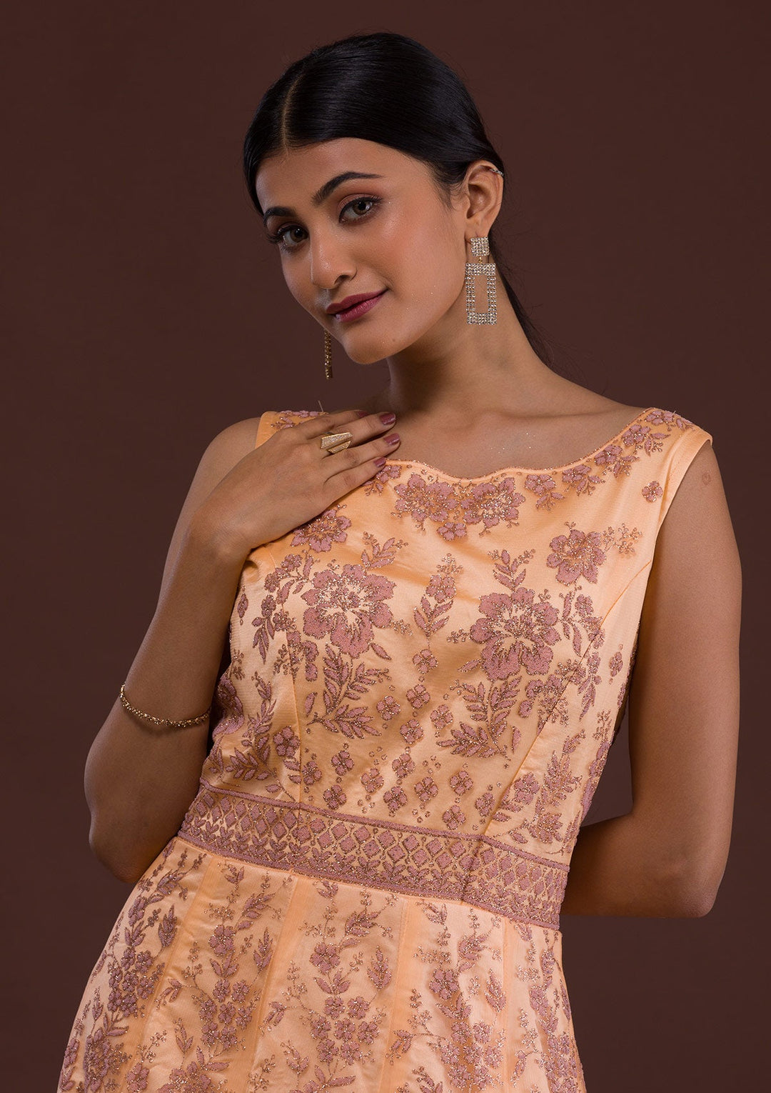 Peach Cutdana Net Designer Gown-Koskii