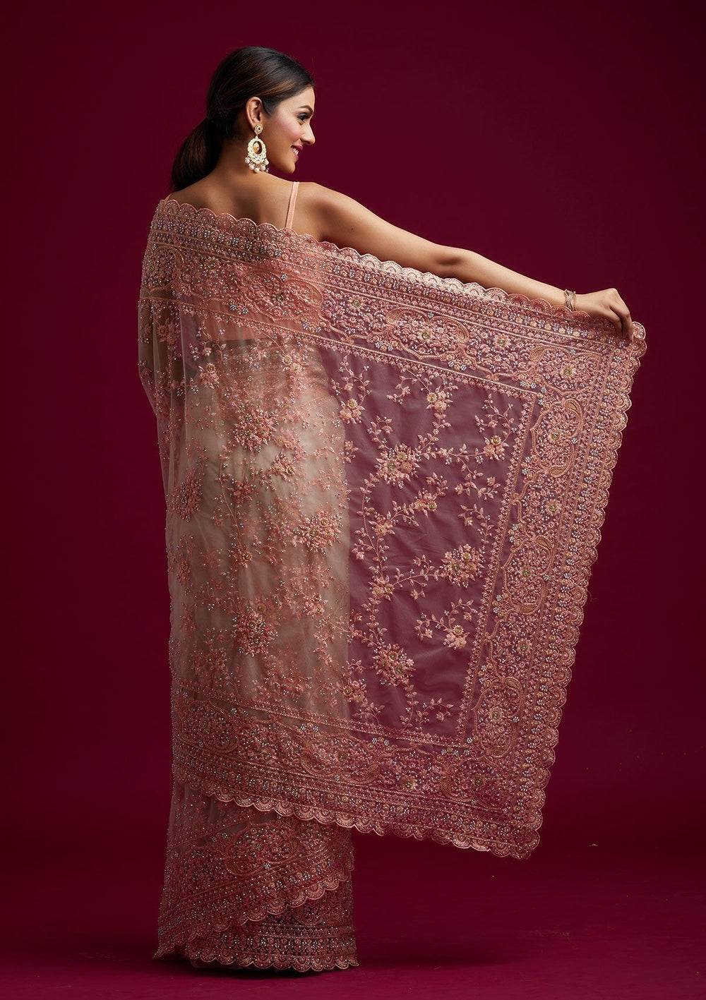 Peach Cutdana Net Designer Saree - koskii