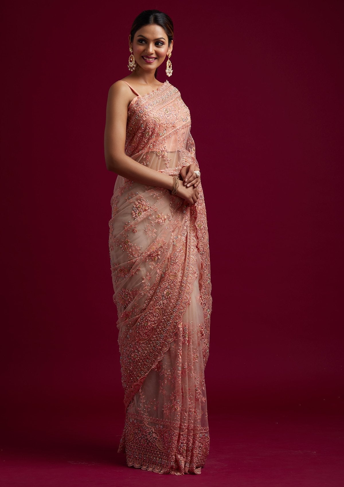 Peach Cutdana Net Designer Saree - koskii