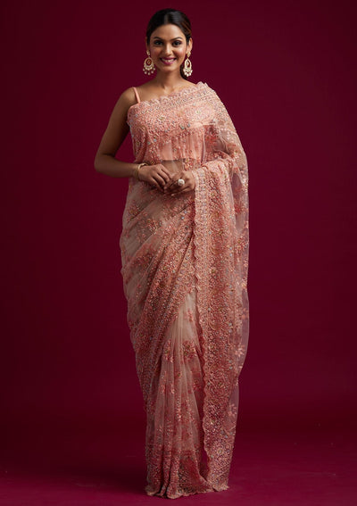 Peach Cutdana Net Designer Saree - koskii