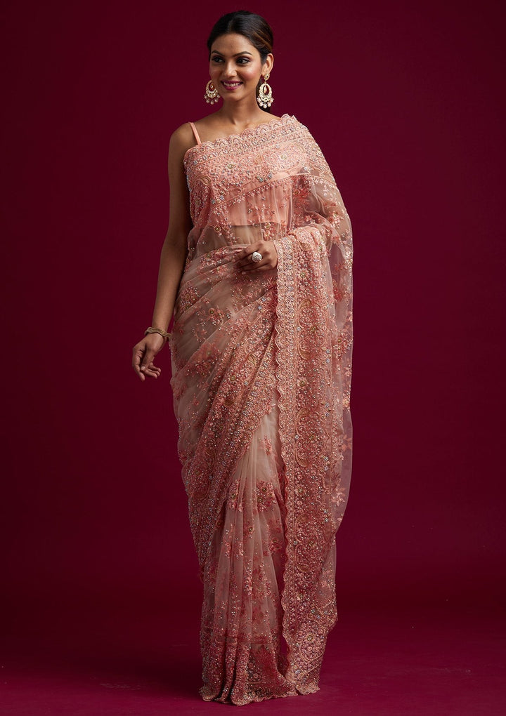 Peach Cutdana Net Designer Saree - koskii