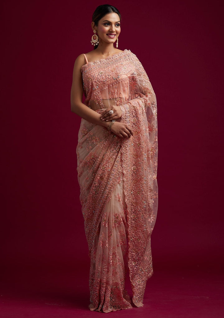 Peach Cutdana Net Designer Saree - koskii