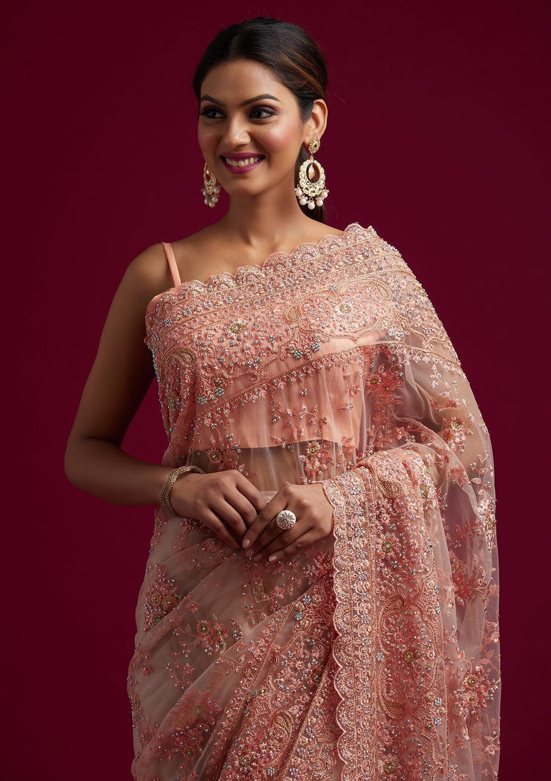 Peach Cutdana Net Designer Saree - koskii