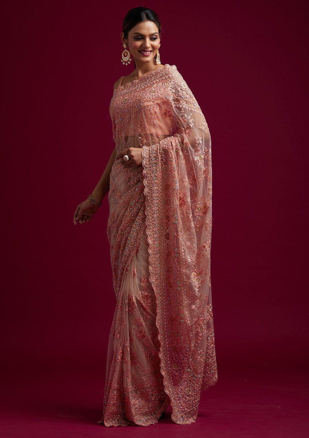 Peach Cutdana Net Designer Saree - koskii