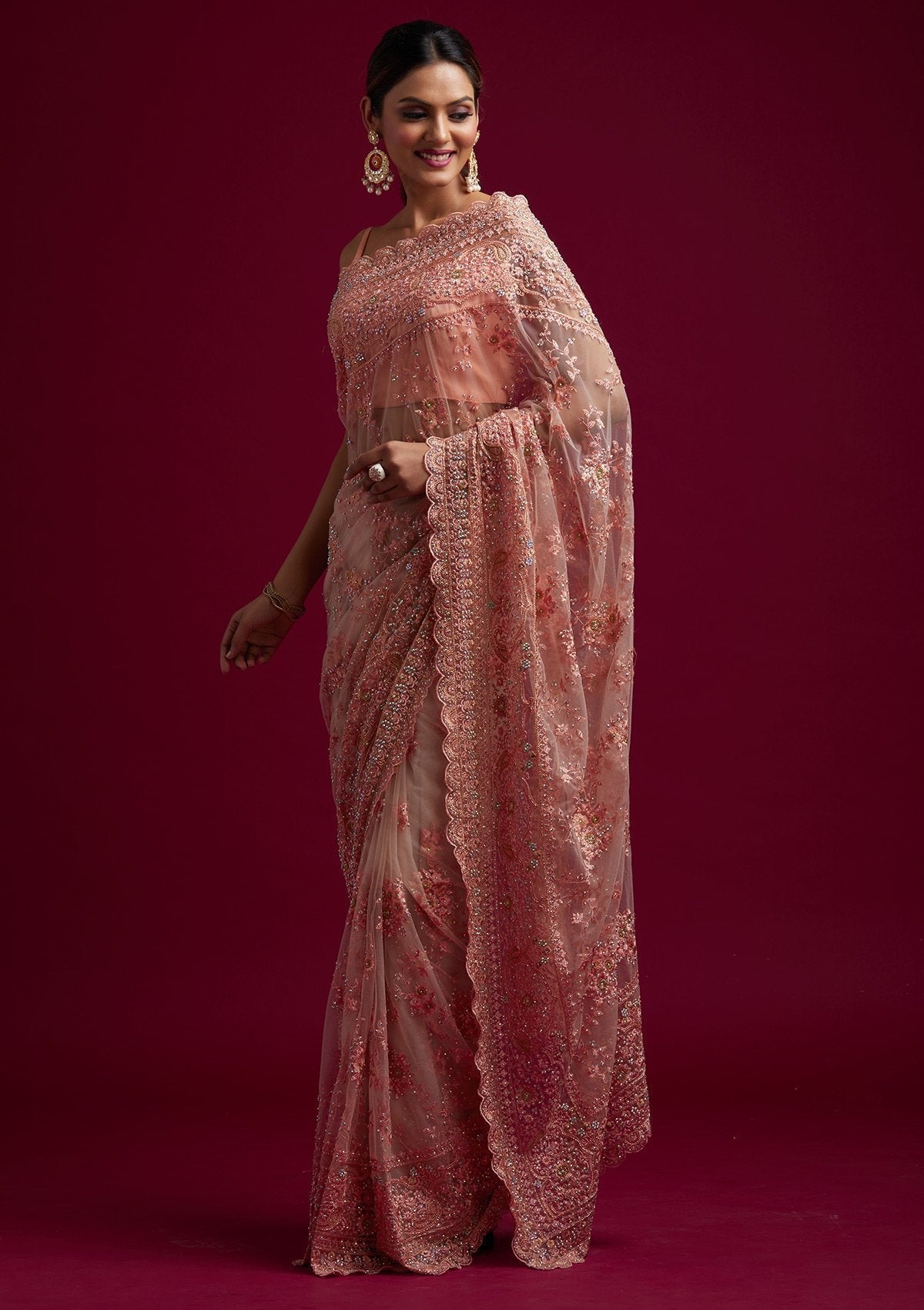 Peach Cutdana Net Designer Saree - koskii