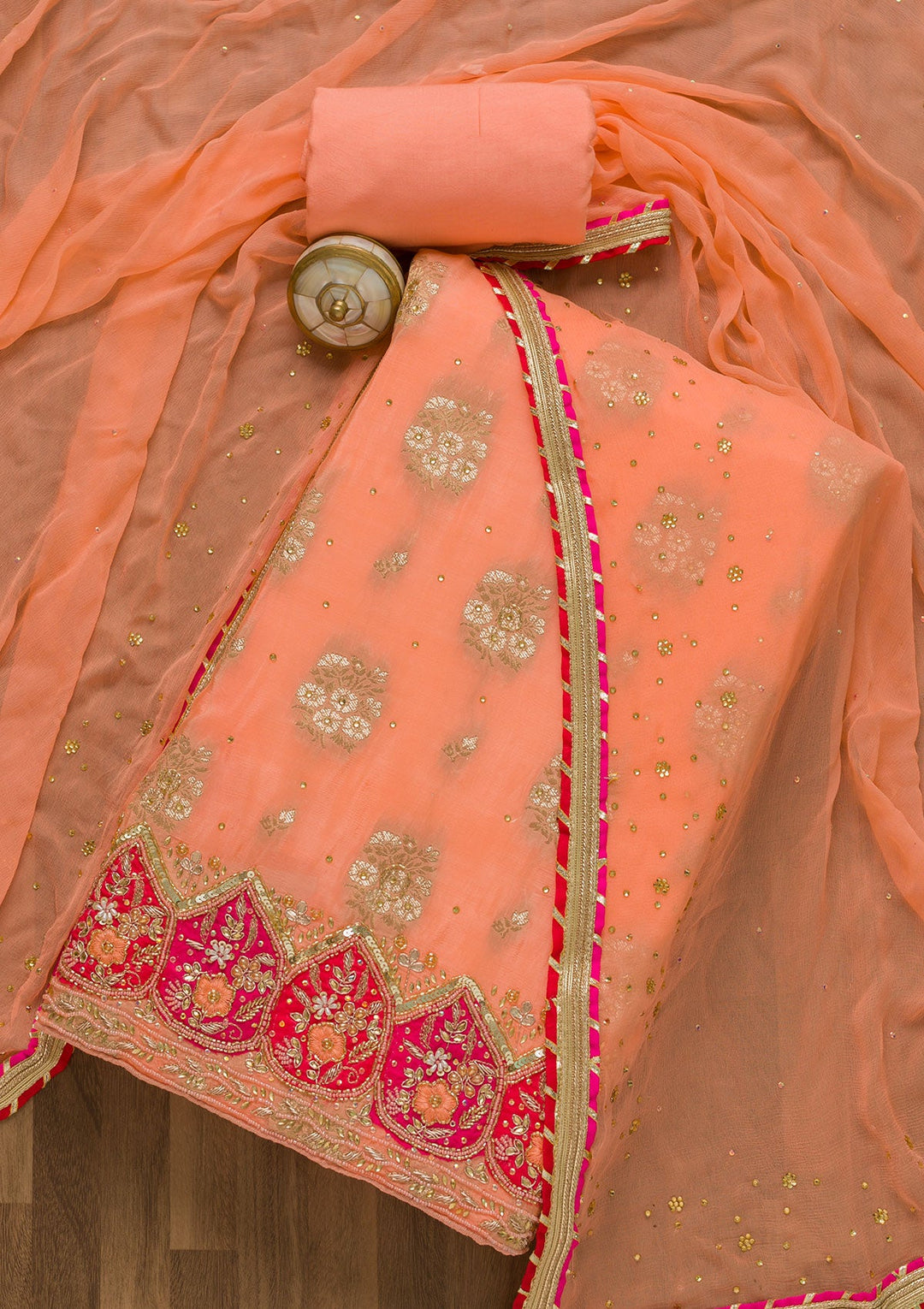 Peach Cutdana Semi Crepe Unstitched Salwar Suit-Koskii