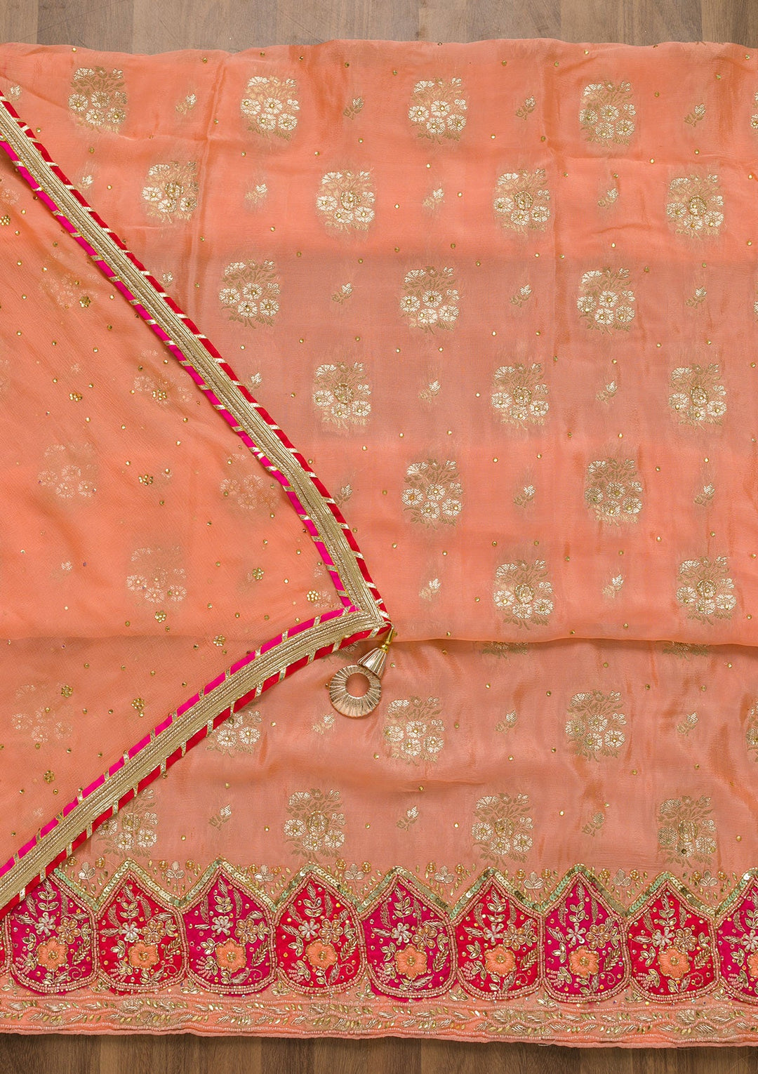 Peach Cutdana Semi Crepe Unstitched Salwar Suit-Koskii