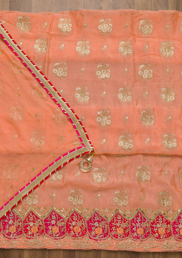 Peach Cutdana Semi Crepe Unstitched Salwar Suit-Koskii