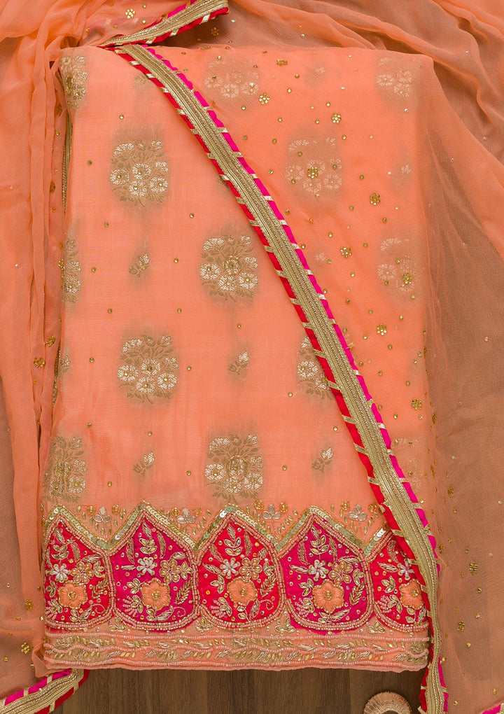 Peach Cutdana Semi Crepe Unstitched Salwar Suit-Koskii