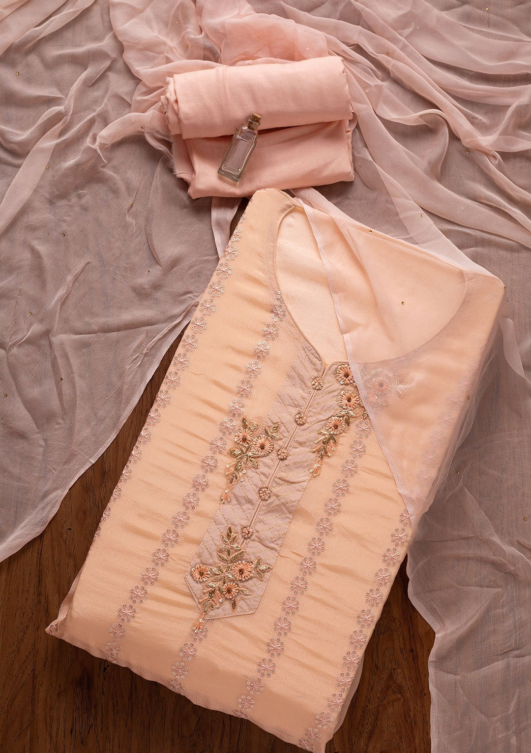 Peach Cutdana Semi Crepe Designer Unstitched Salwar Suit - koskii