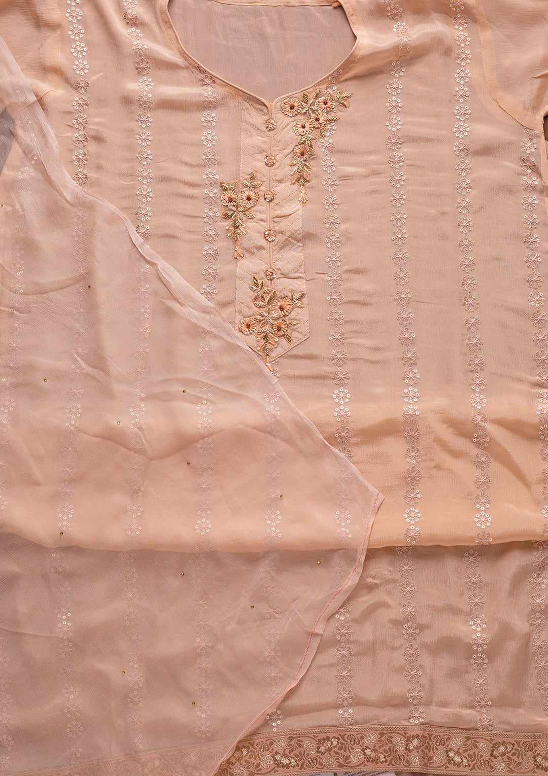 Peach Cutdana Semi Crepe Designer Unstitched Salwar Suit - koskii