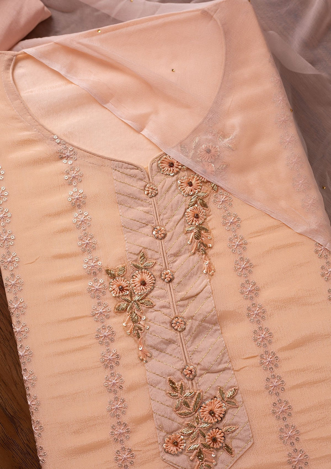 Peach Cutdana Semi Crepe Designer Unstitched Salwar Suit - koskii