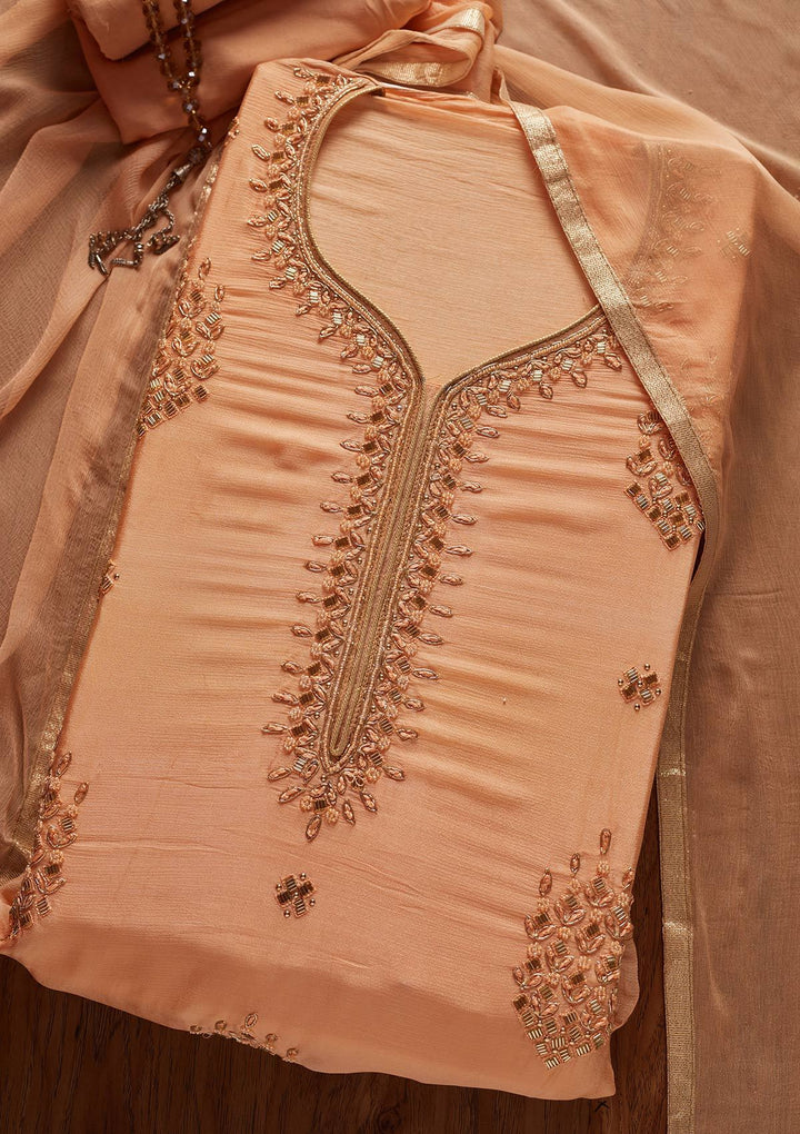 Peach Cutdana Semi Crepe Designer Unstitched Salwar Suit - koskii