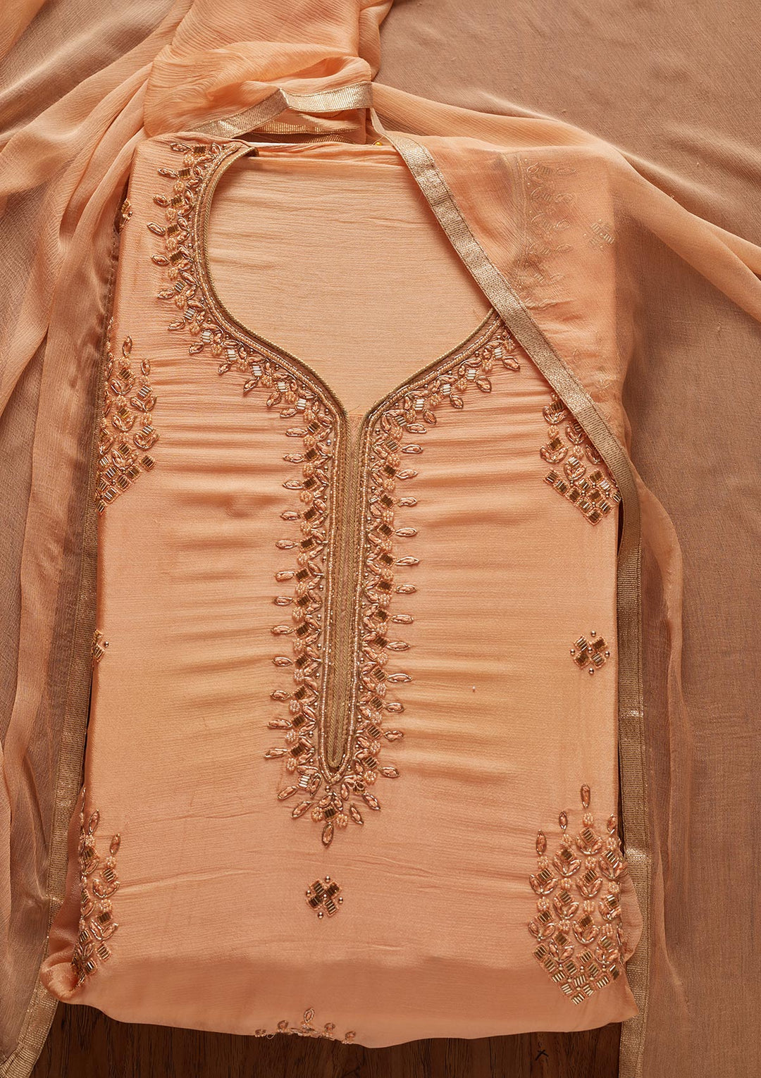 Peach Cutdana Semi Crepe Designer Unstitched Salwar Suit - koskii
