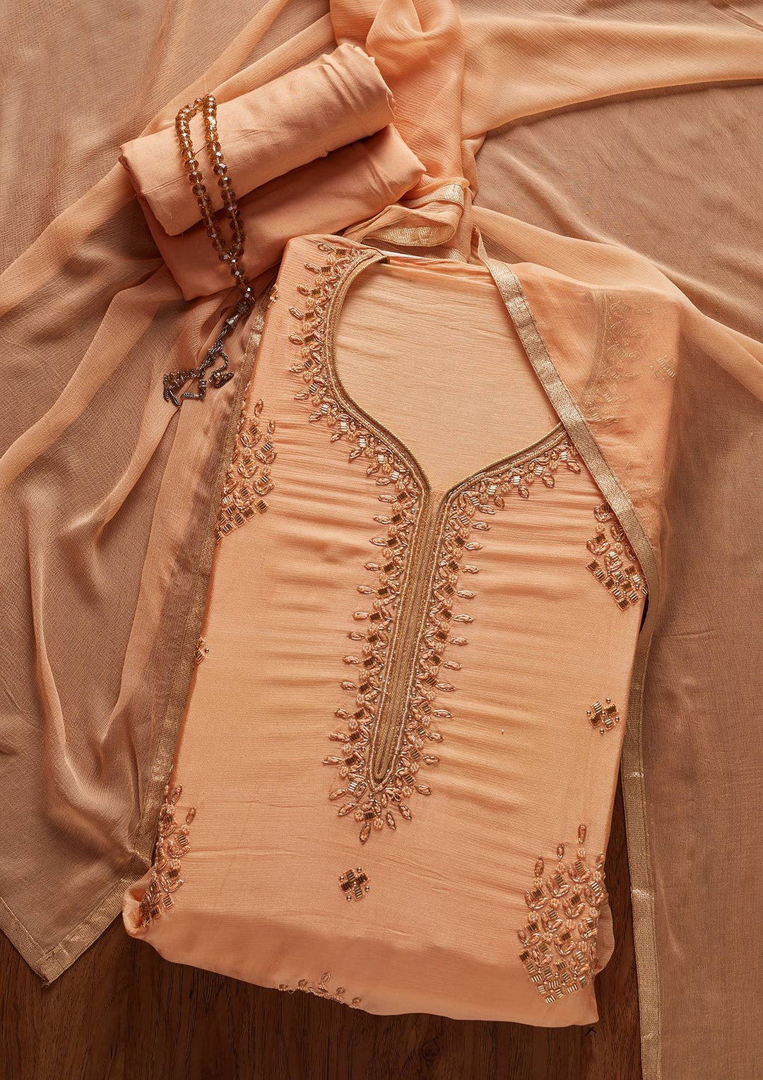 Peach Cutdana Semi Crepe Designer Unstitched Salwar Suit - koskii