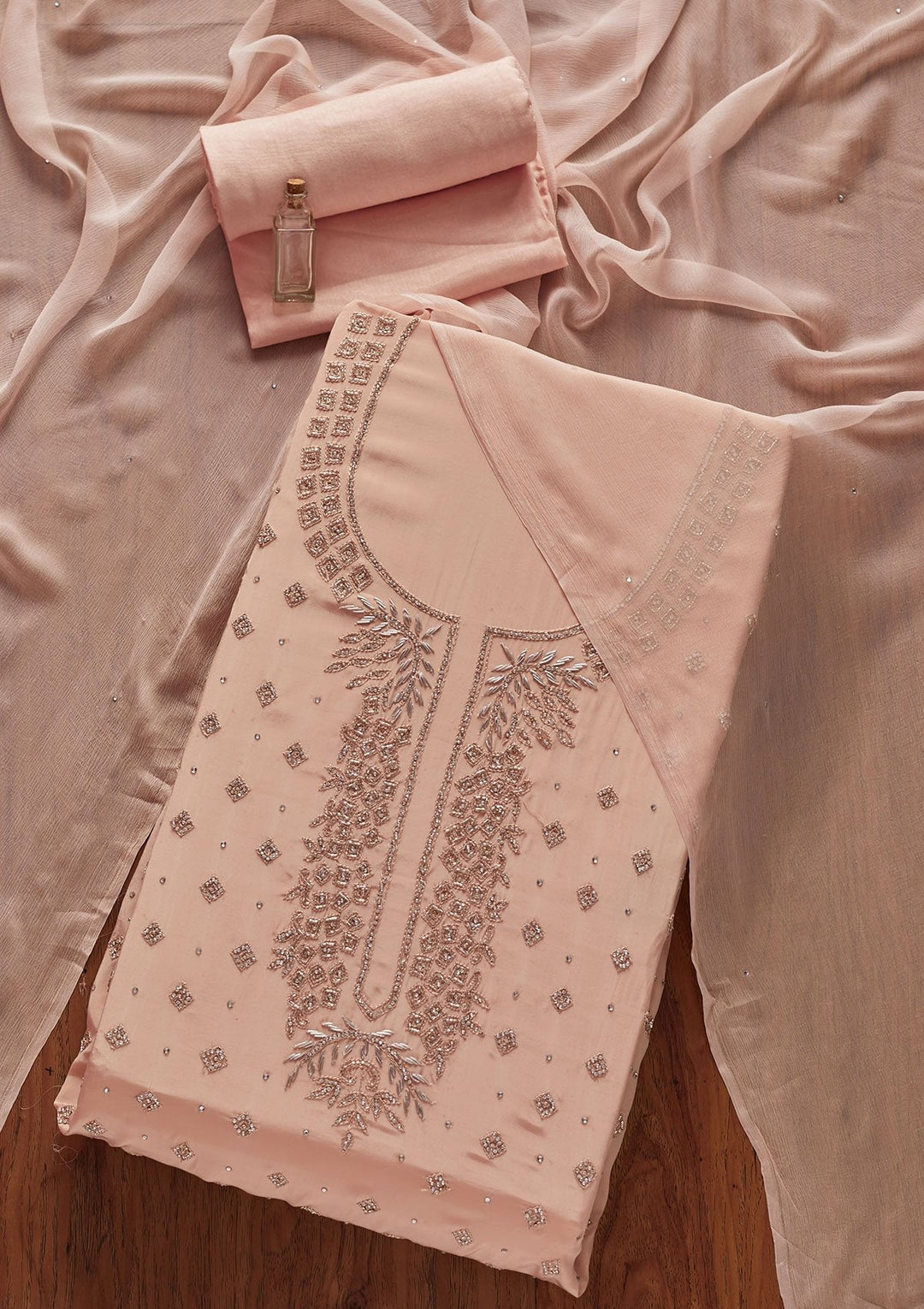 Peach Cutdana Semi Crepe Designer Unstitched Salwar Suit - koskii