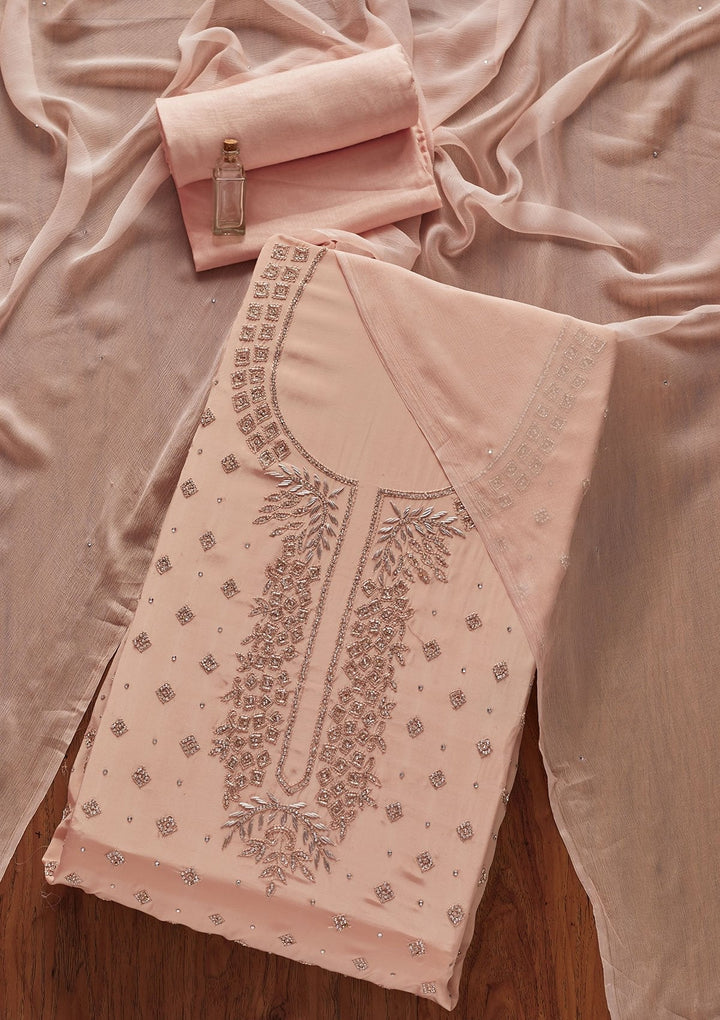 Peach Cutdana Semi Crepe Designer Unstitched Salwar Suit - koskii
